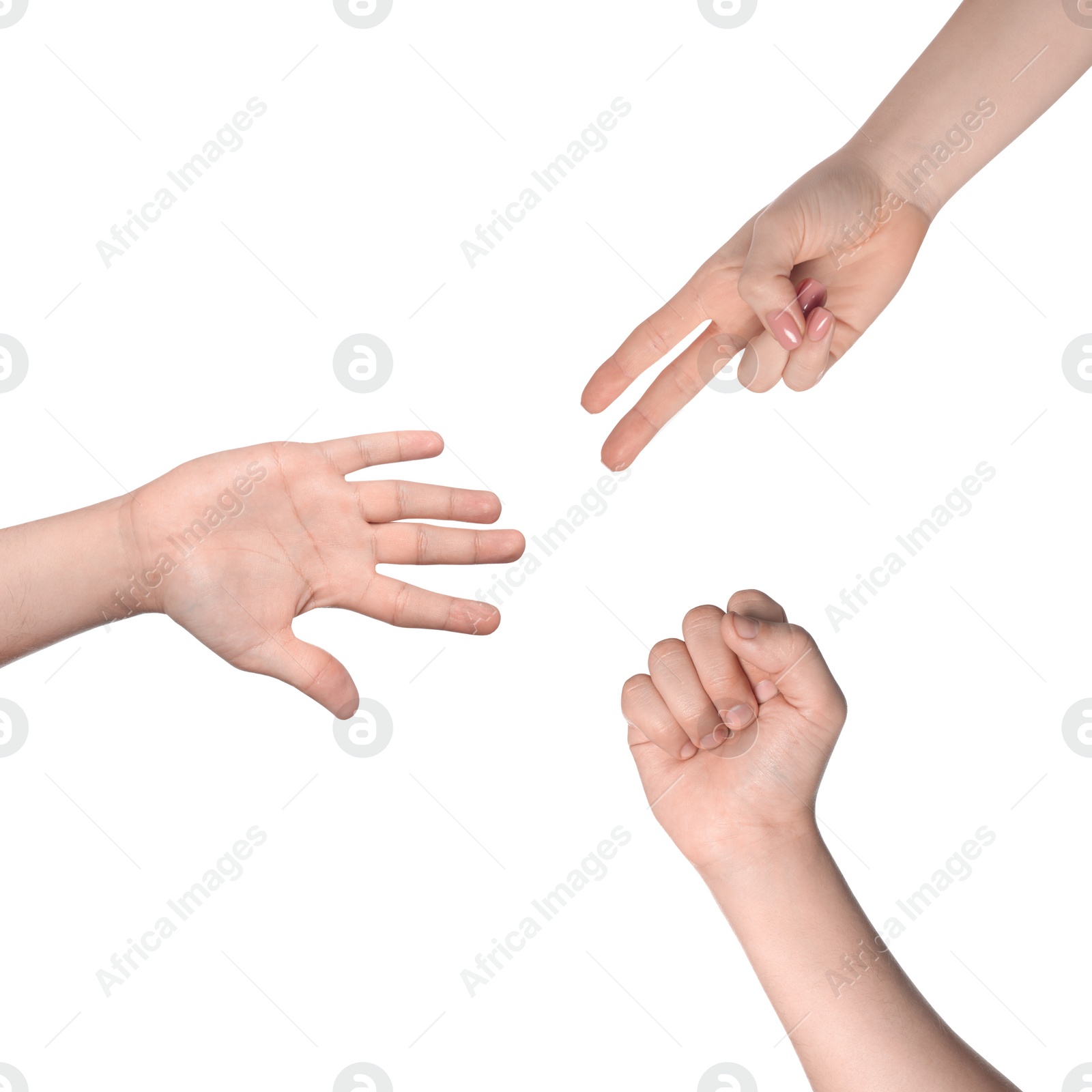 Image of People playing rock, paper and scissors on white background, top view