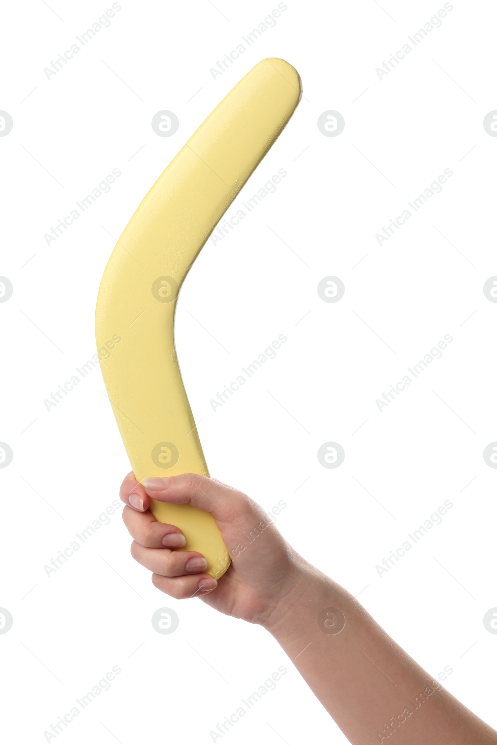 Photo of Woman holding yellow boomerang on white background, closeup