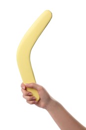 Photo of Woman holding yellow boomerang on white background, closeup