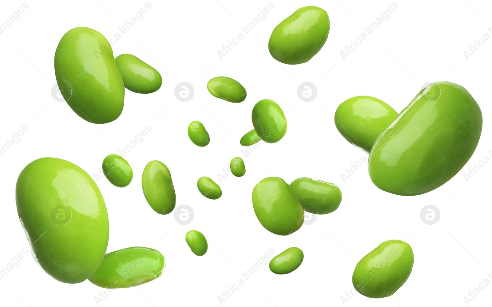 Image of Delicious edamame soybeans falling on white background