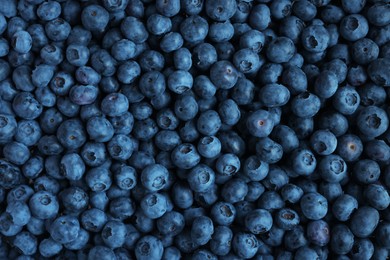 Photo of Fresh tasty blueberries as background, top view