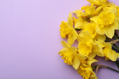 Photo of Beautiful daffodil bouquet on violet background, top view. Space for text