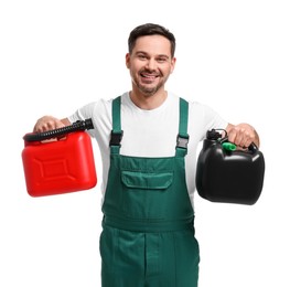 Man holding red and black canisters on white background