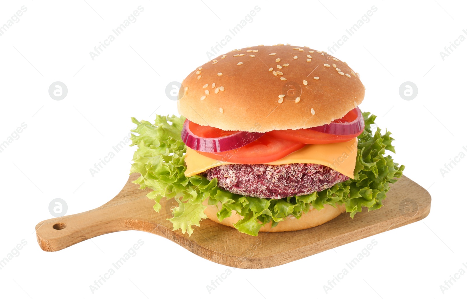 Photo of Tasty vegetarian burger with beet patty isolated on white