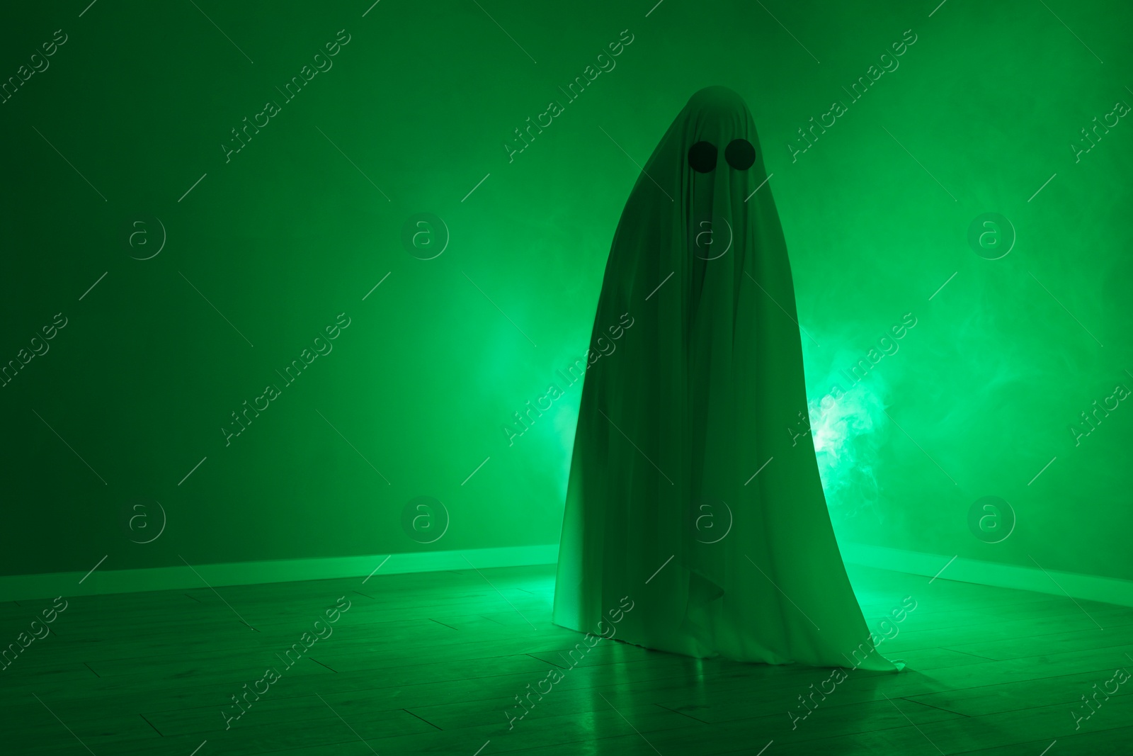 Photo of Creepy ghost. Woman covered with sheet in green light, space for text