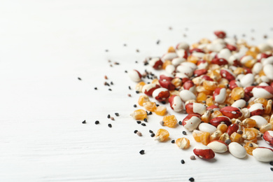 Photo of Mixed vegetable seeds on white wooden background