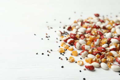 Mixed vegetable seeds on white wooden background