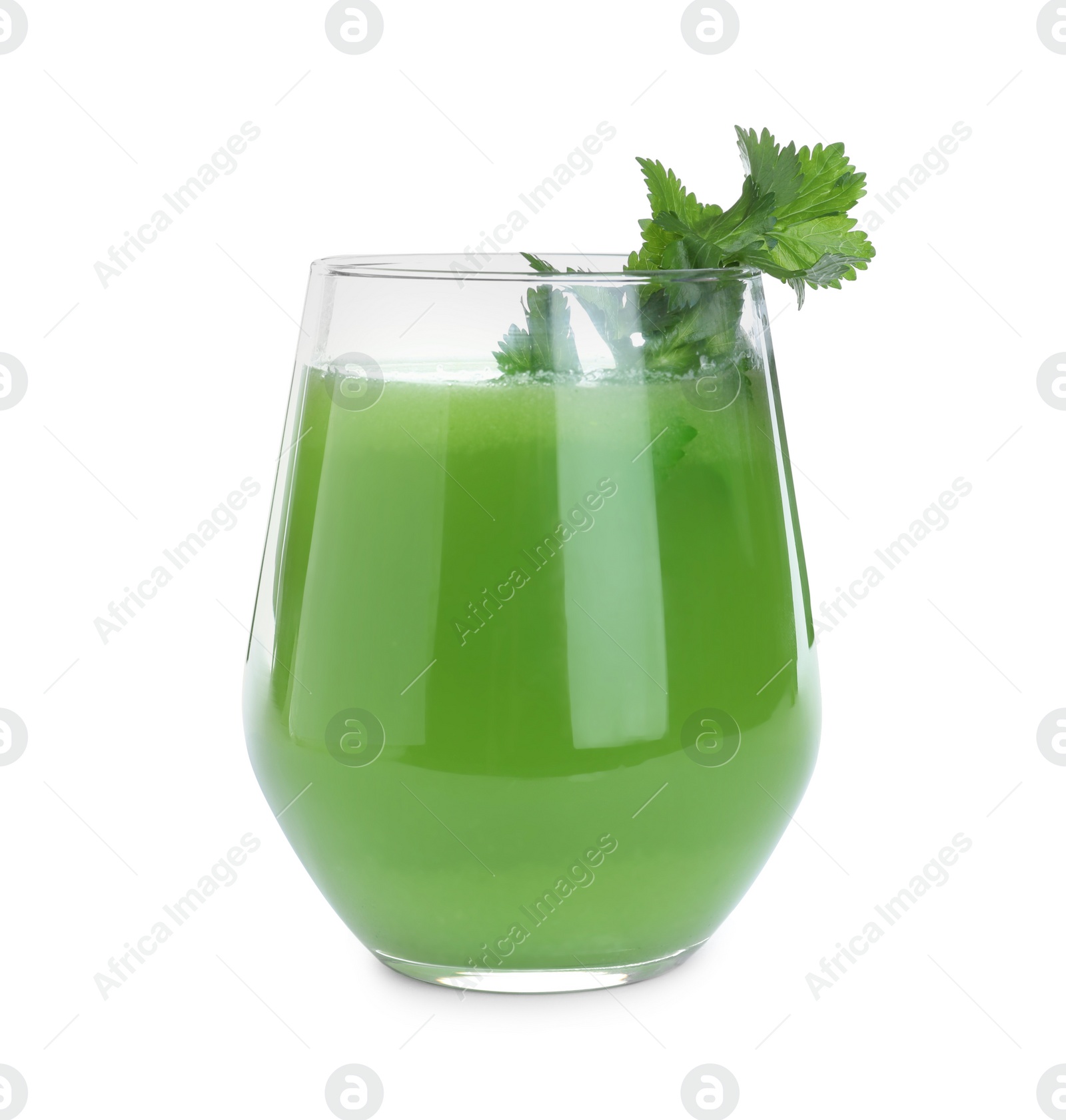 Photo of Glass of fresh celery juice isolated on white