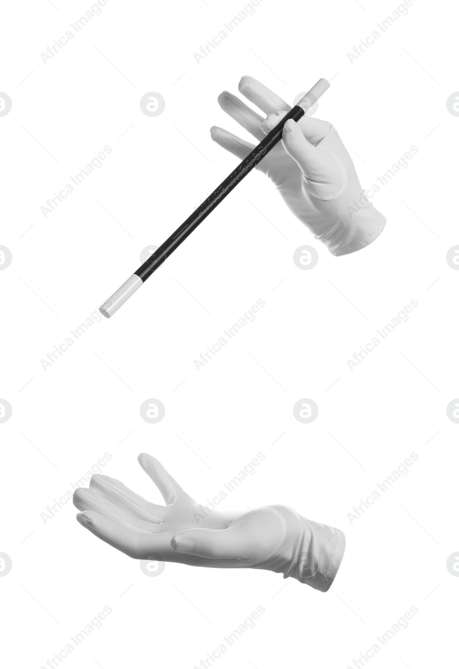 Photo of Magician with magic wand on white background, closeup