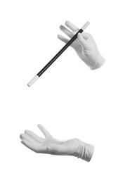 Photo of Magician with magic wand on white background, closeup