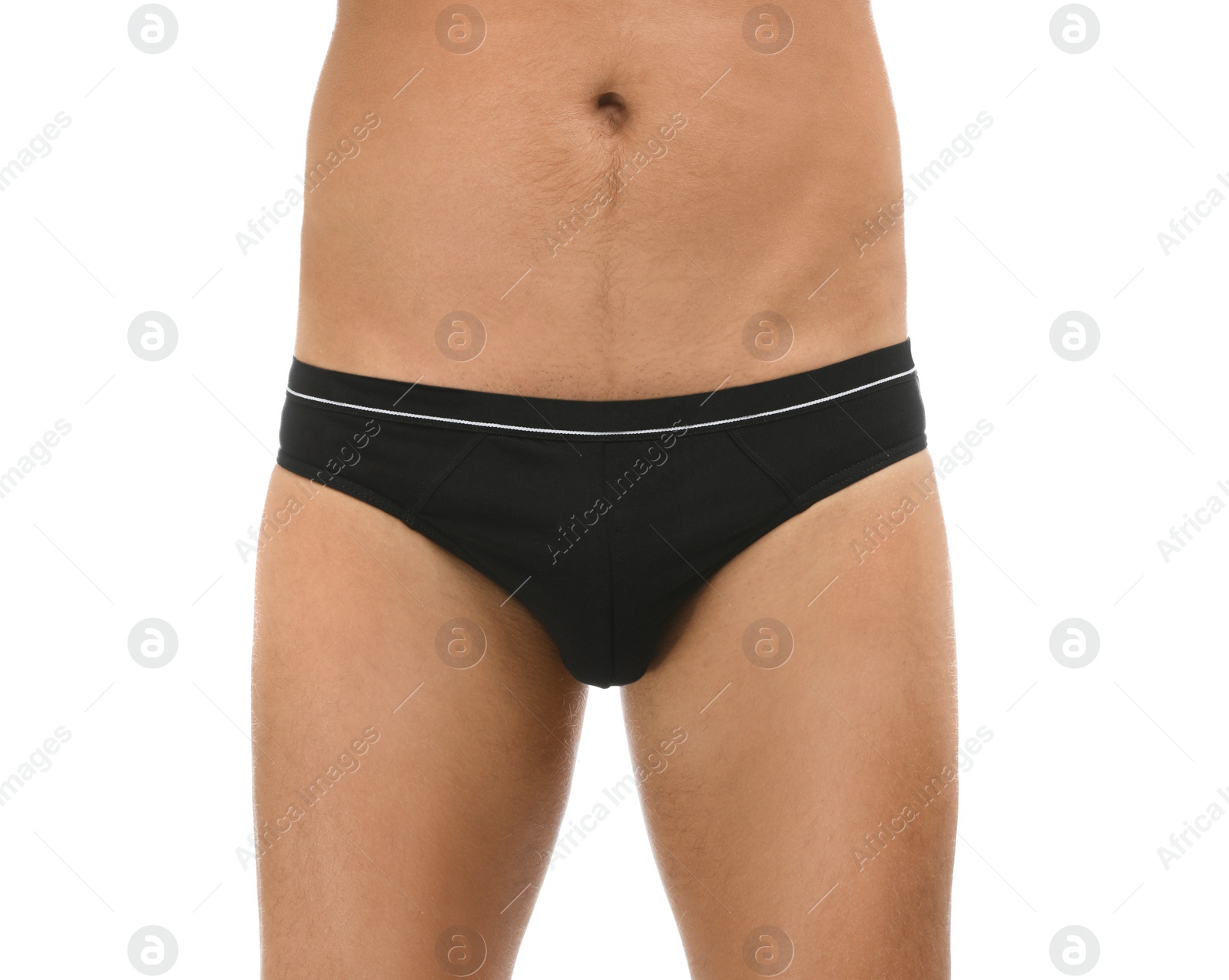 Photo of Man in black underwear on white background, closeup