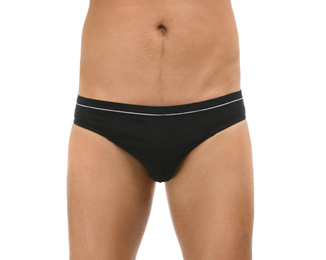 Man in black underwear on white background, closeup