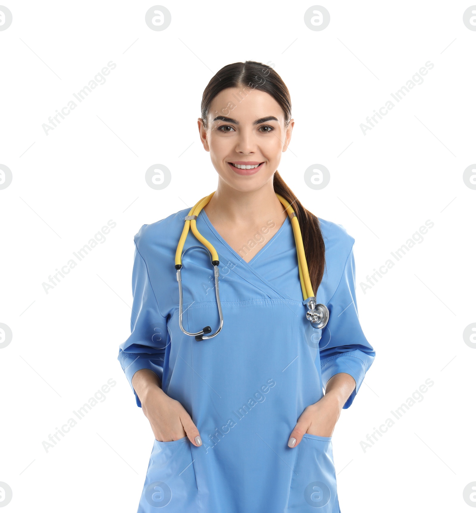 Photo of Portrait of medical assistant with stethoscope on white background