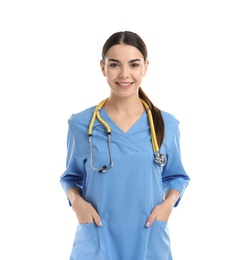 Portrait of medical assistant with stethoscope on white background