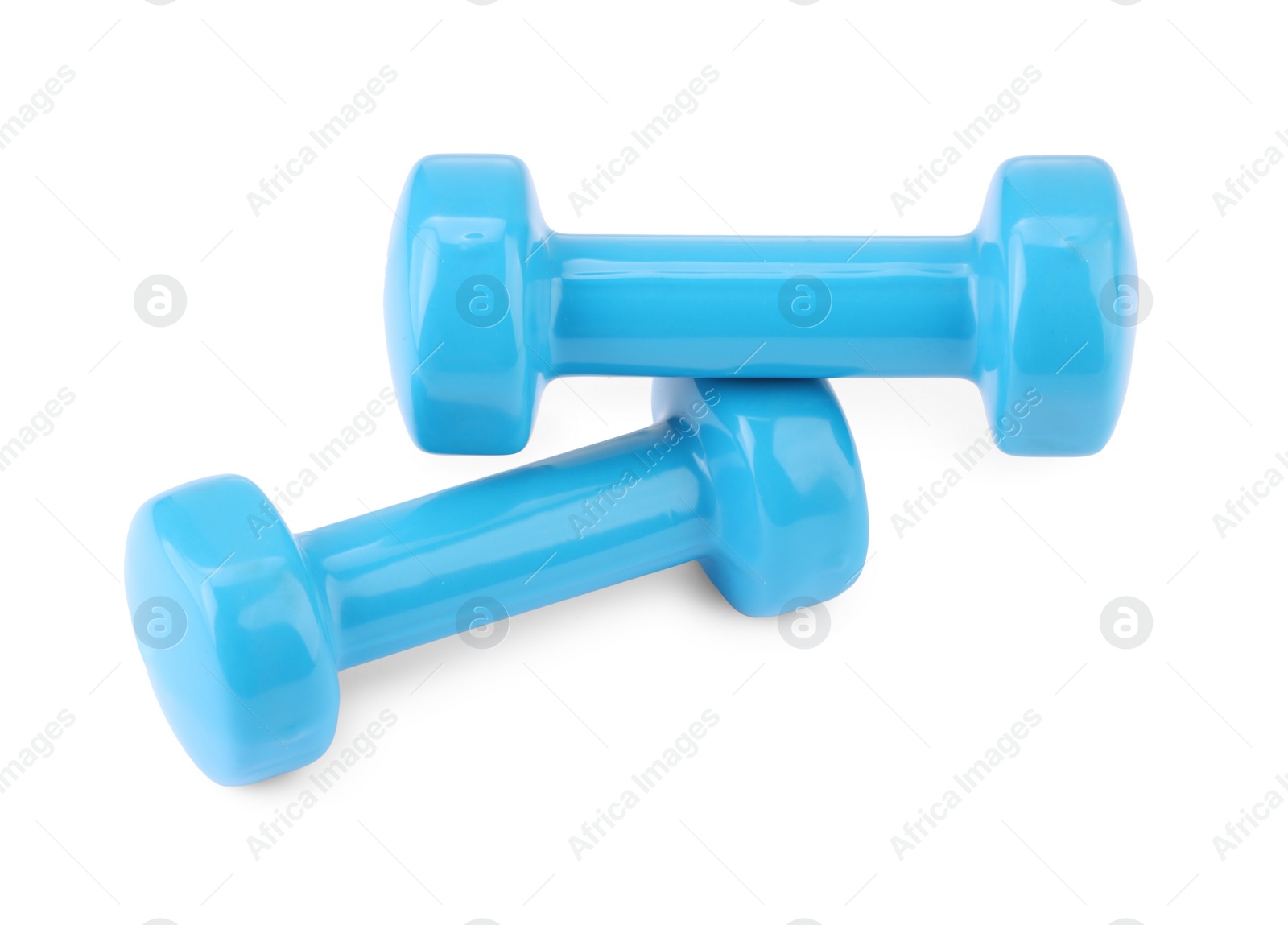 Photo of Light blue dumbbells isolated on white. Sports equipment