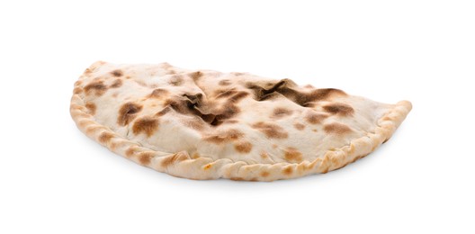 Photo of One delicious stuffed calzone on white background