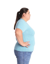 Photo of Overweight woman before weight loss on white background