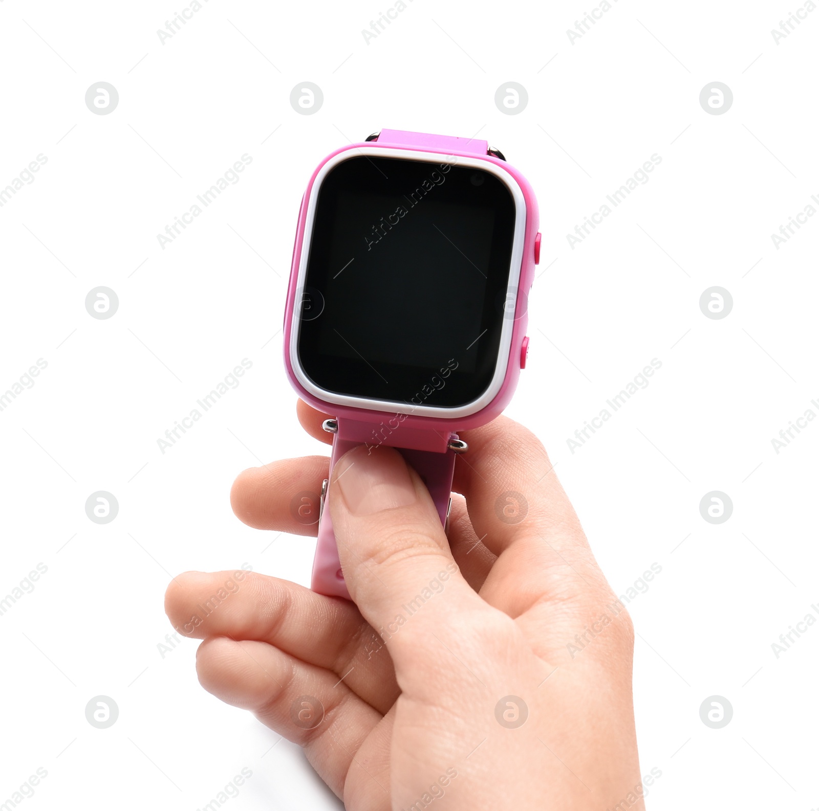 Photo of Girl with stylish smart watch on white background, closeup