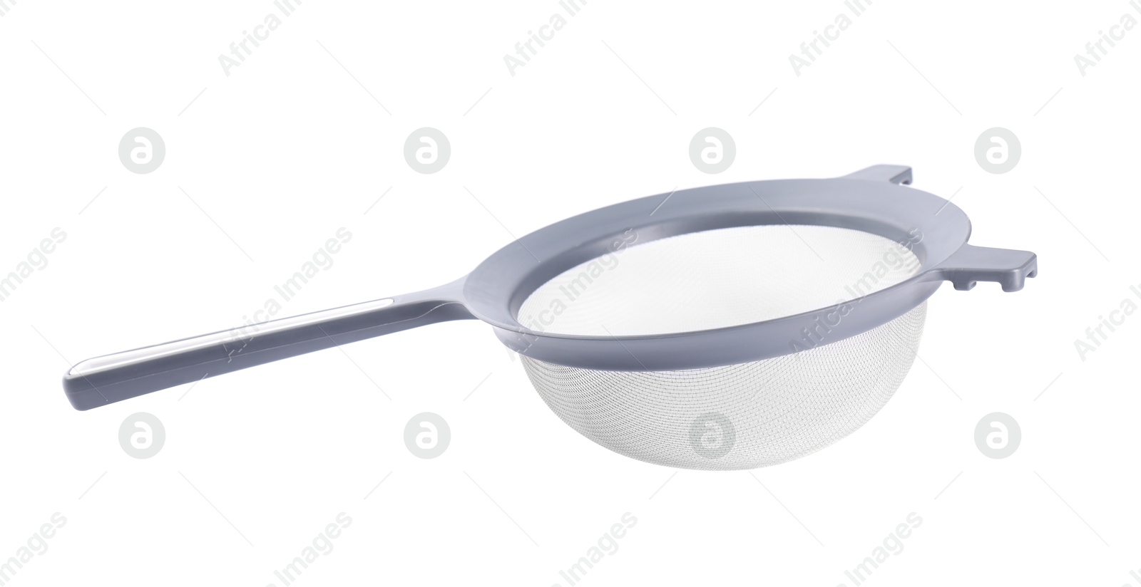 Photo of One metal sieve isolated on white. Kitchen utensil