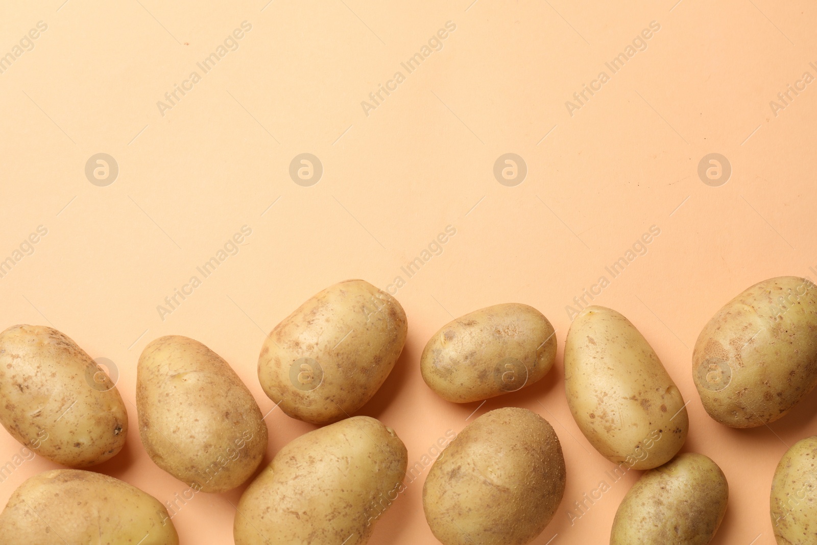 Photo of Fresh raw potatoes on pale orange background, flat lay. Space for text