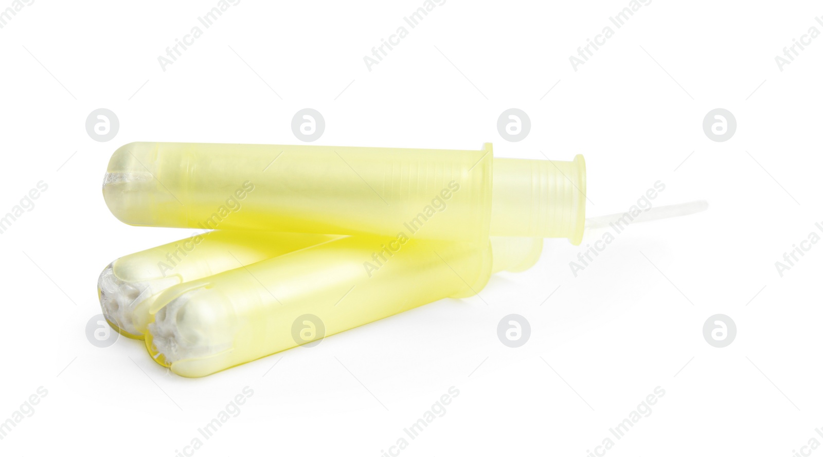 Photo of Applicator tampons on white background. Menstrual hygiene product