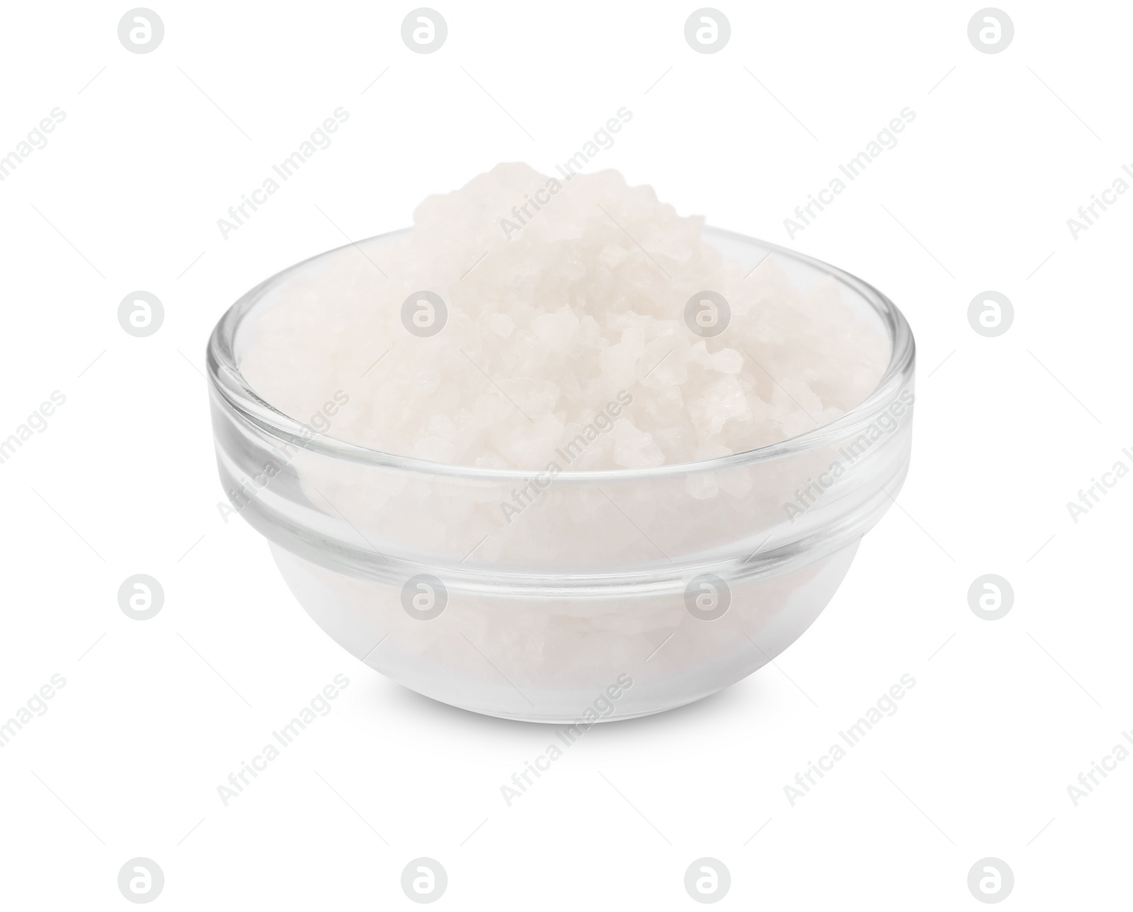 Photo of Bowl of sea salt isolated on white