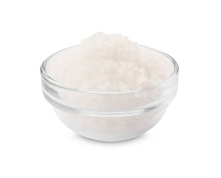 Photo of Bowl of sea salt isolated on white