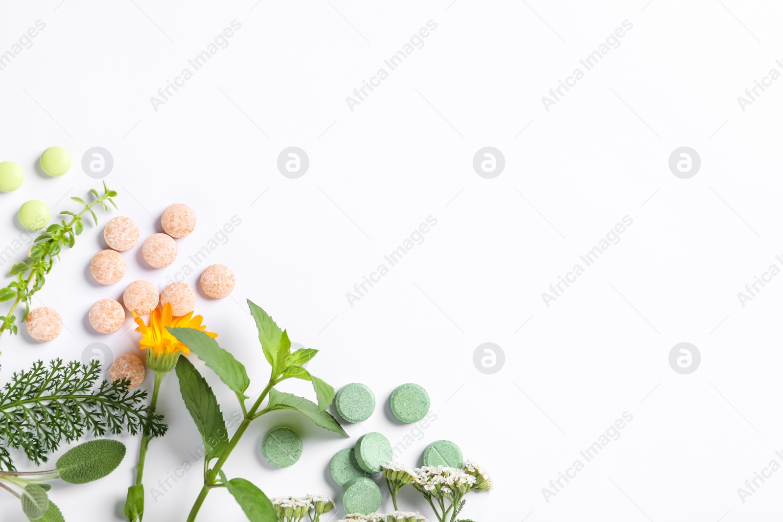 Photo of Different pills, herbs and flowers on white background, flat lay with space for text. Dietary supplements