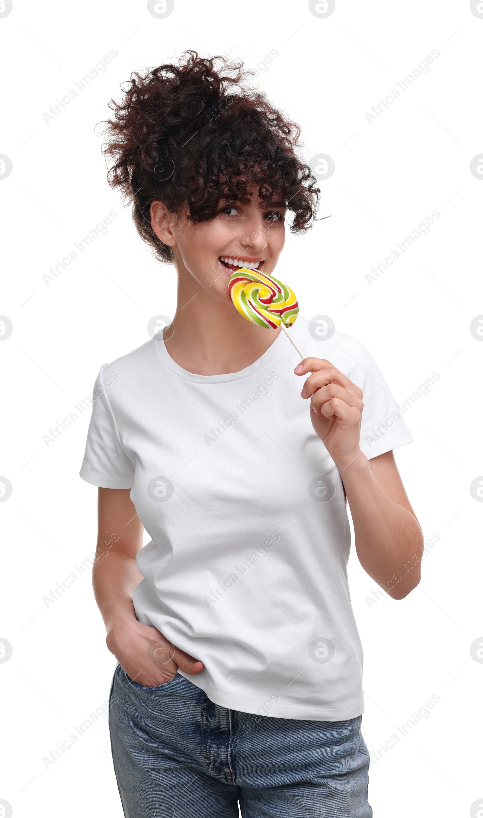 Photo of Beautiful woman with lollipop on white background