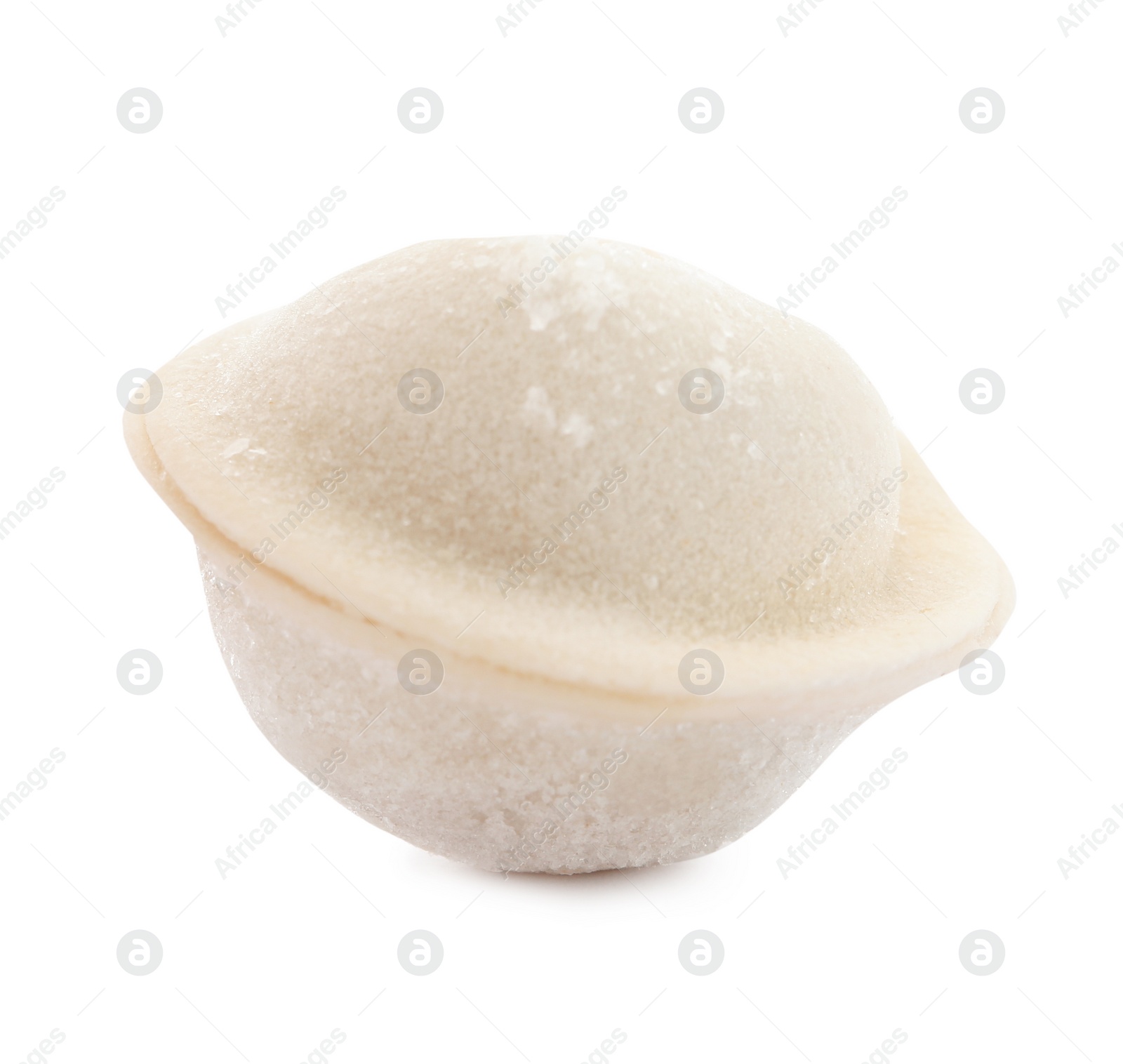 Photo of Raw dumpling with tasty filling on white background