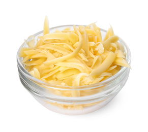 Photo of Glass bowl with grated cheese isolated on white