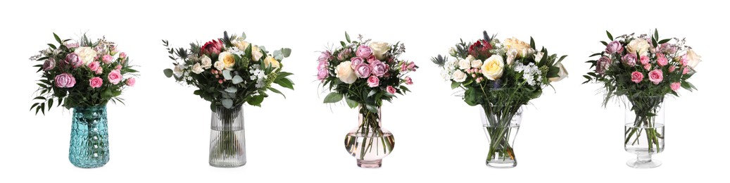 Image of Collage with beautiful flowers in different glass vases on white background. Banner design