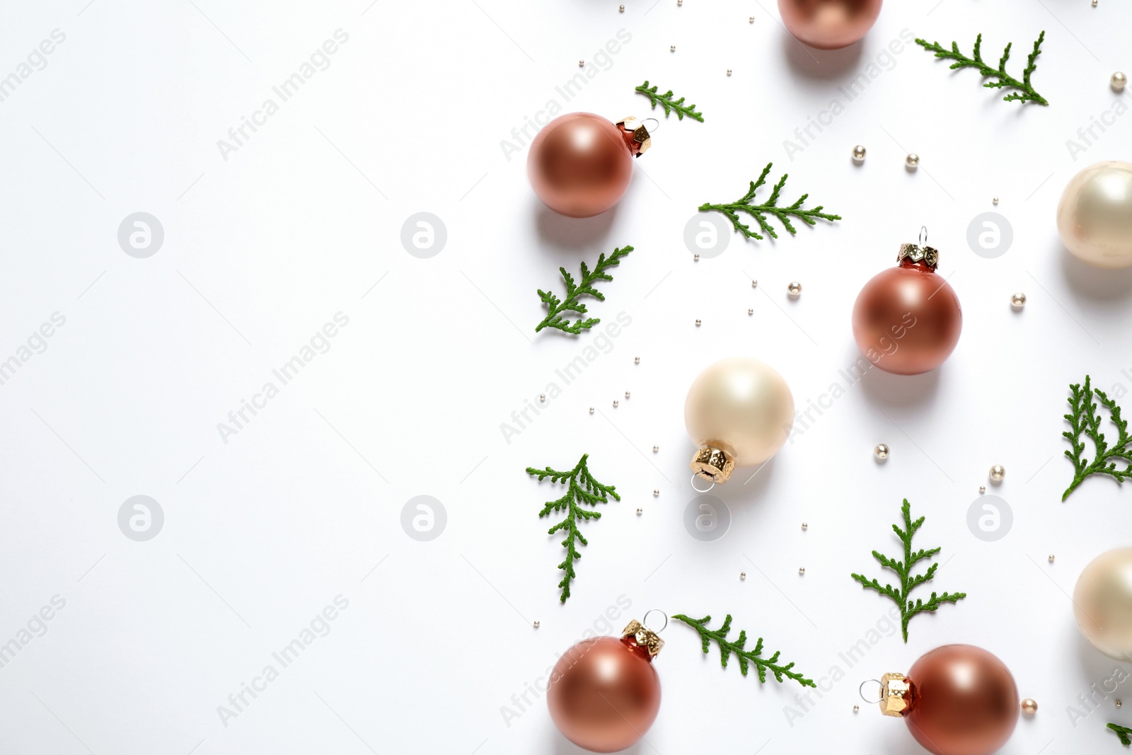 Photo of Flat lay composition with Christmas decorations on white background