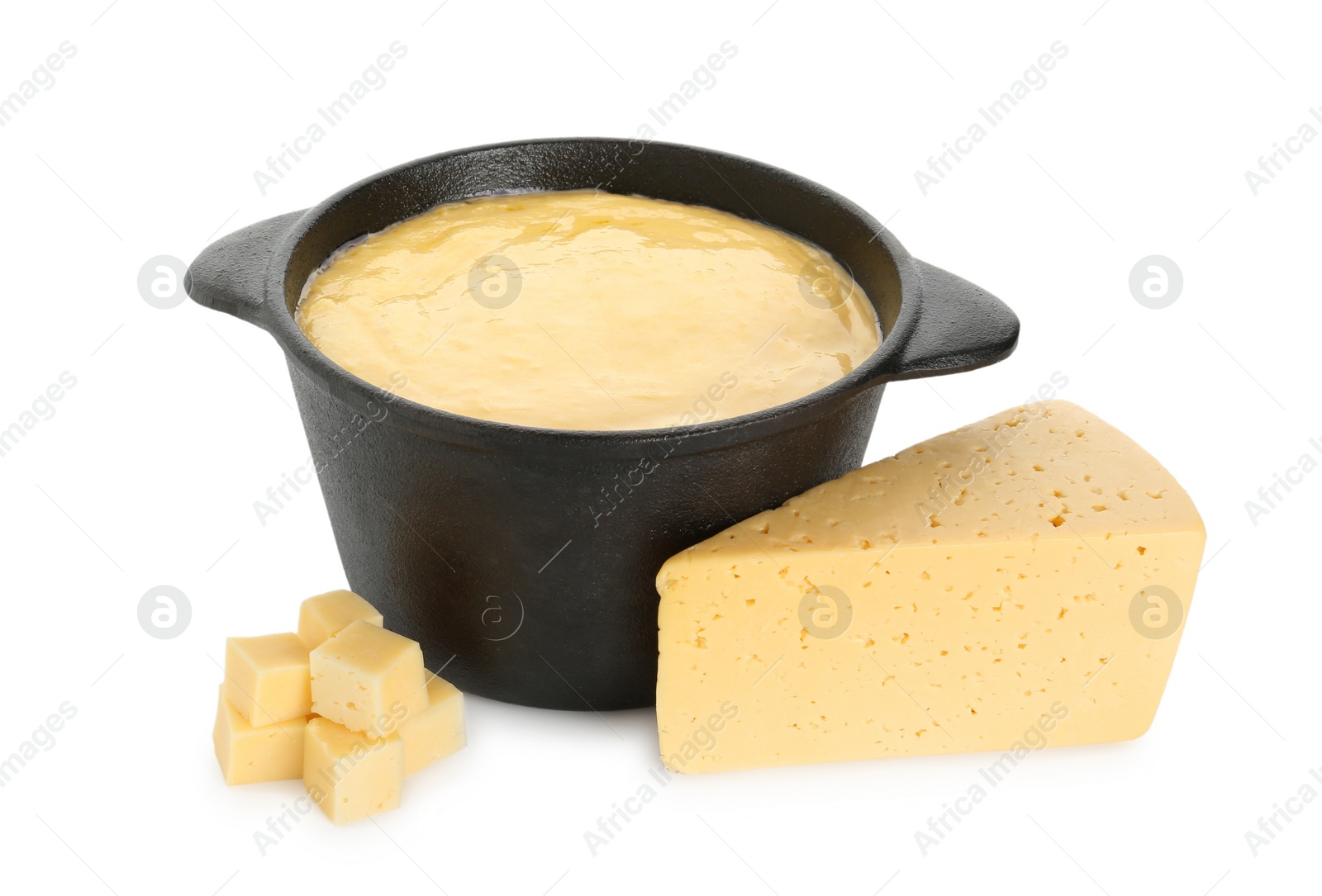 Photo of Fondue with tasty melted cheese and pieces isolated on white