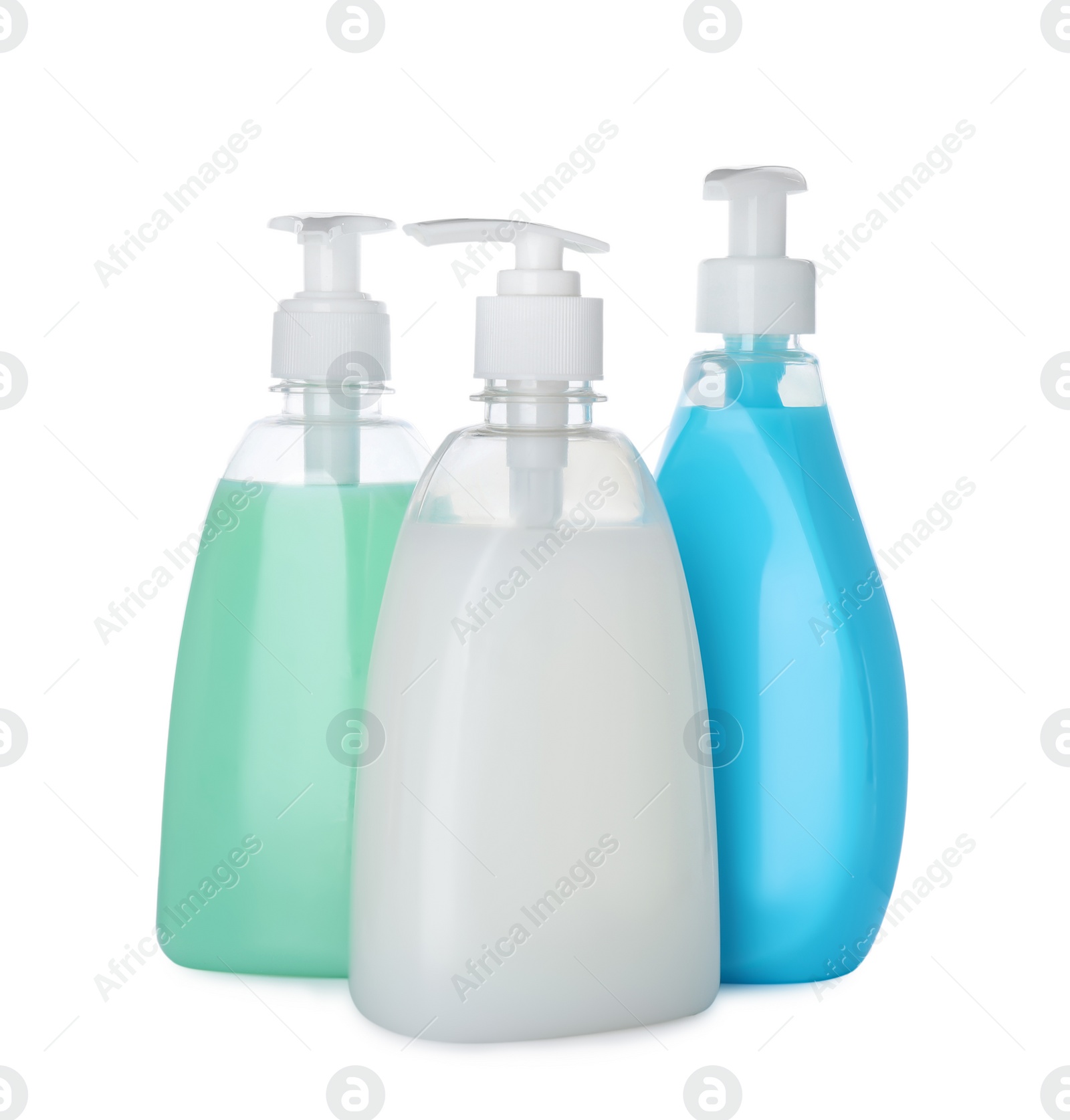 Photo of Dispensers of liquid soap on white background