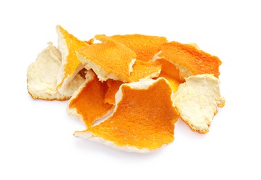 Photo of Dry orange fruit peels on white background