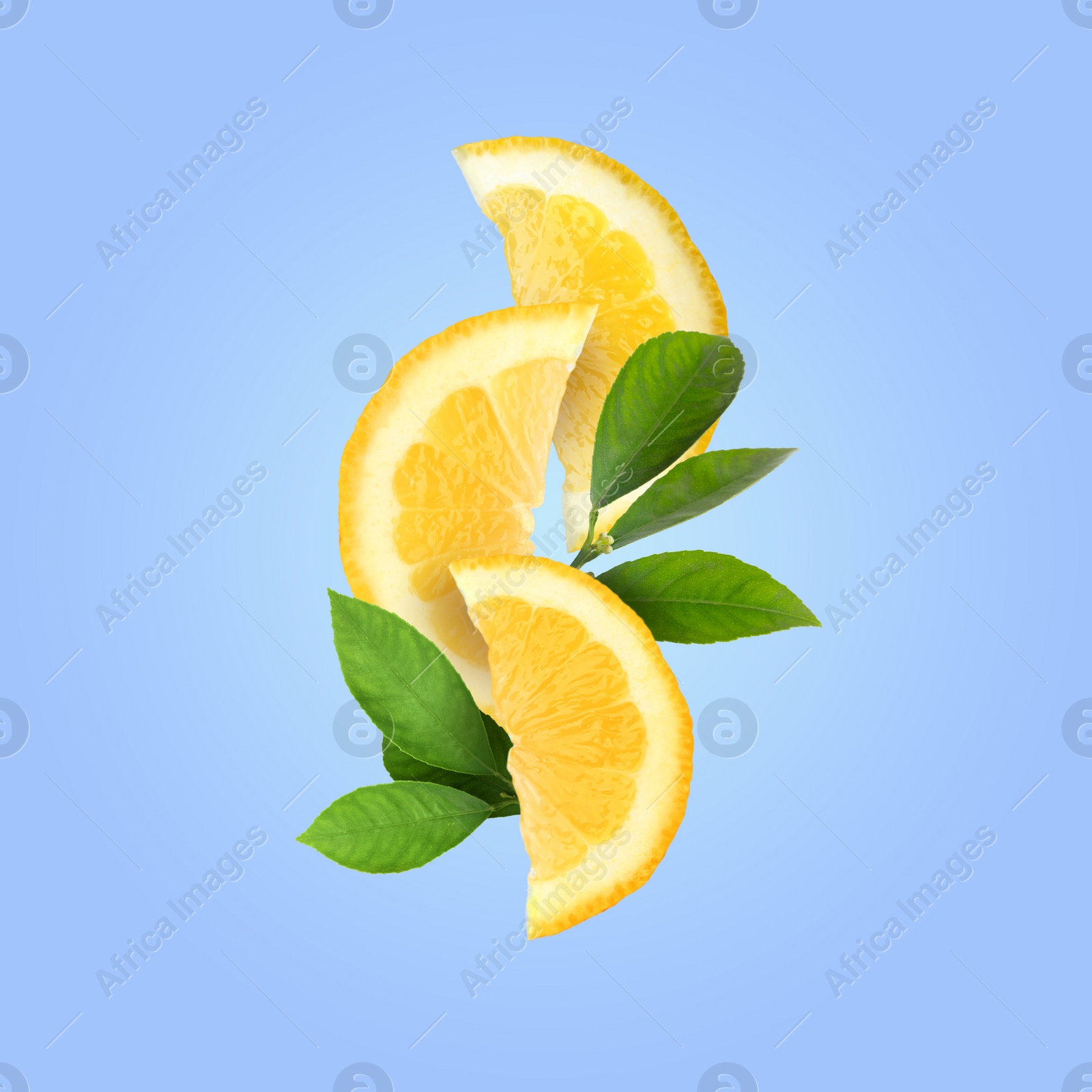 Image of Cut fresh lemon with green leaves falling on pastel light blue background