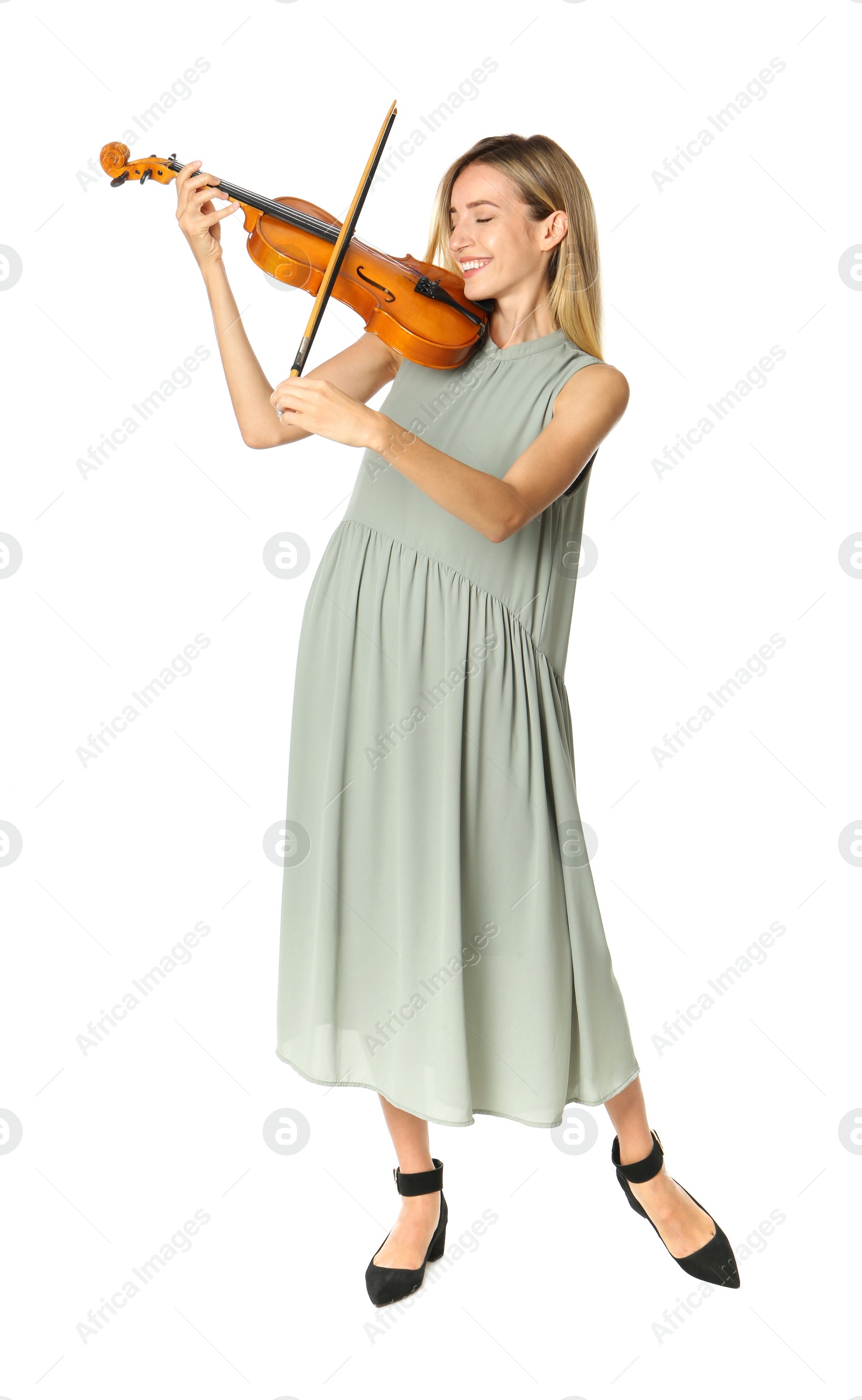 Photo of Beautiful woman playing violin on white background