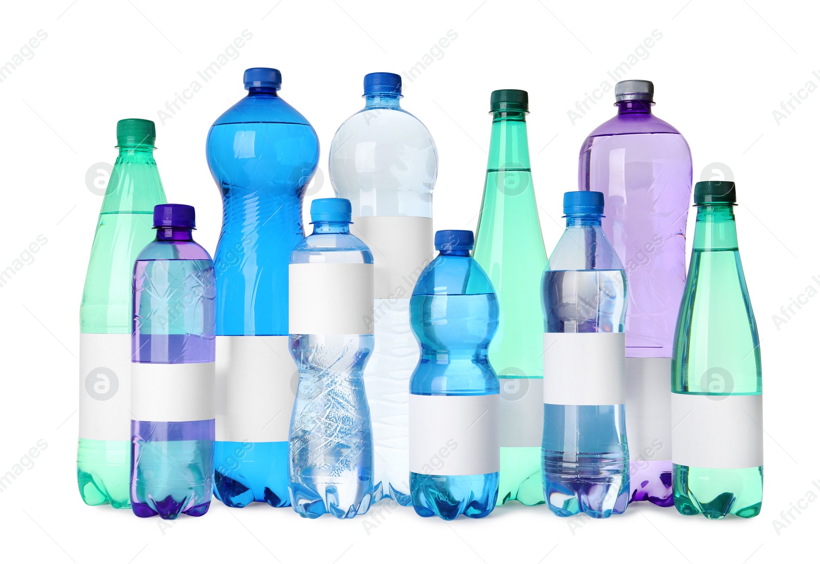 Image of Bottles of pure water with blank labels on white background