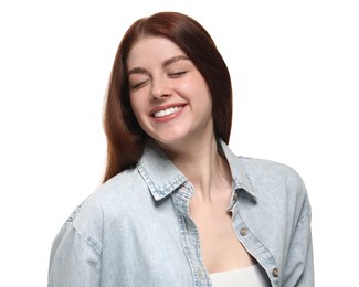 Portrait of smiling woman on white background