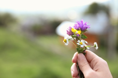 Photo of Woman holding bouquet of beautiful meadow flowers against blurred background