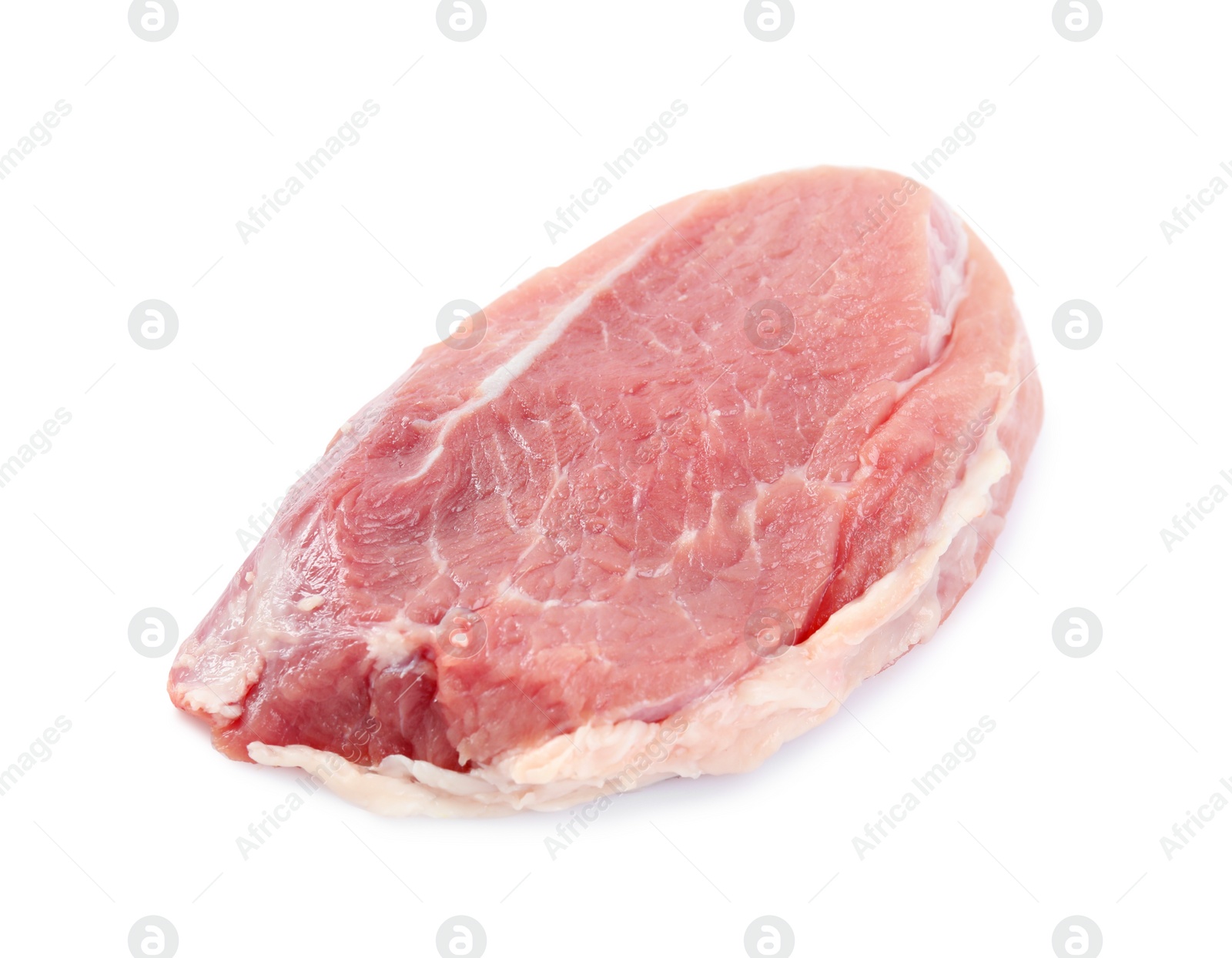 Photo of Piece of raw meat isolated on white, top view