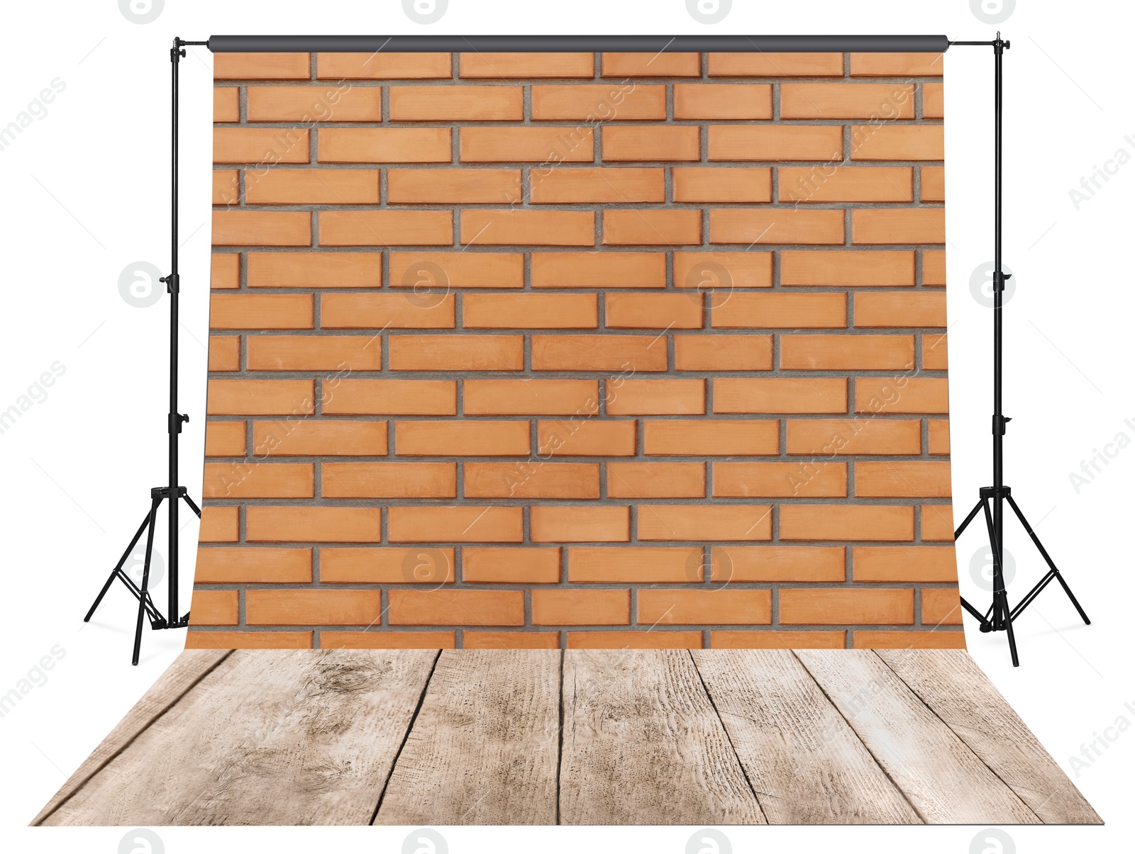 Image of Photo background with brick wall and wooden floor. Professional studio equipment