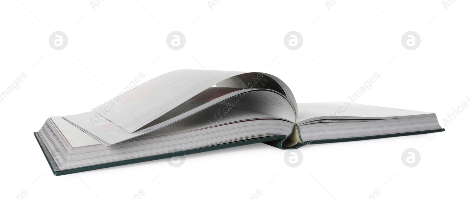 Photo of Open book with hard cover on white background