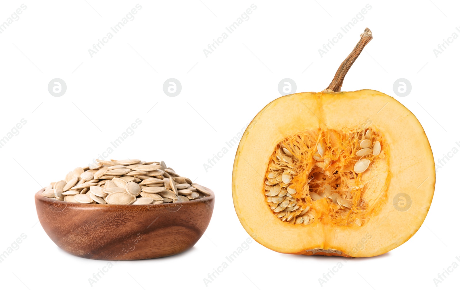 Image of Raw pumpkin and seeds on white background