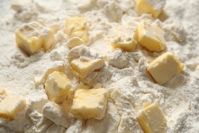 Making shortcrust pastry. Flour and butter, closeup