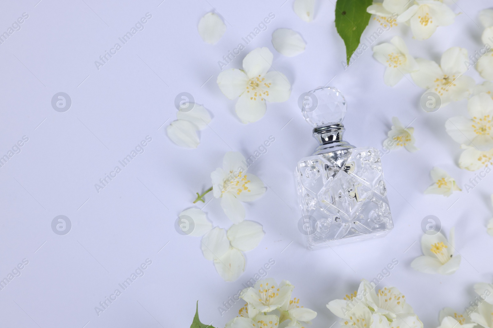 Photo of Aromatic perfume in bottle and beautiful jasmine flowers on white background, flat lay. Space for text