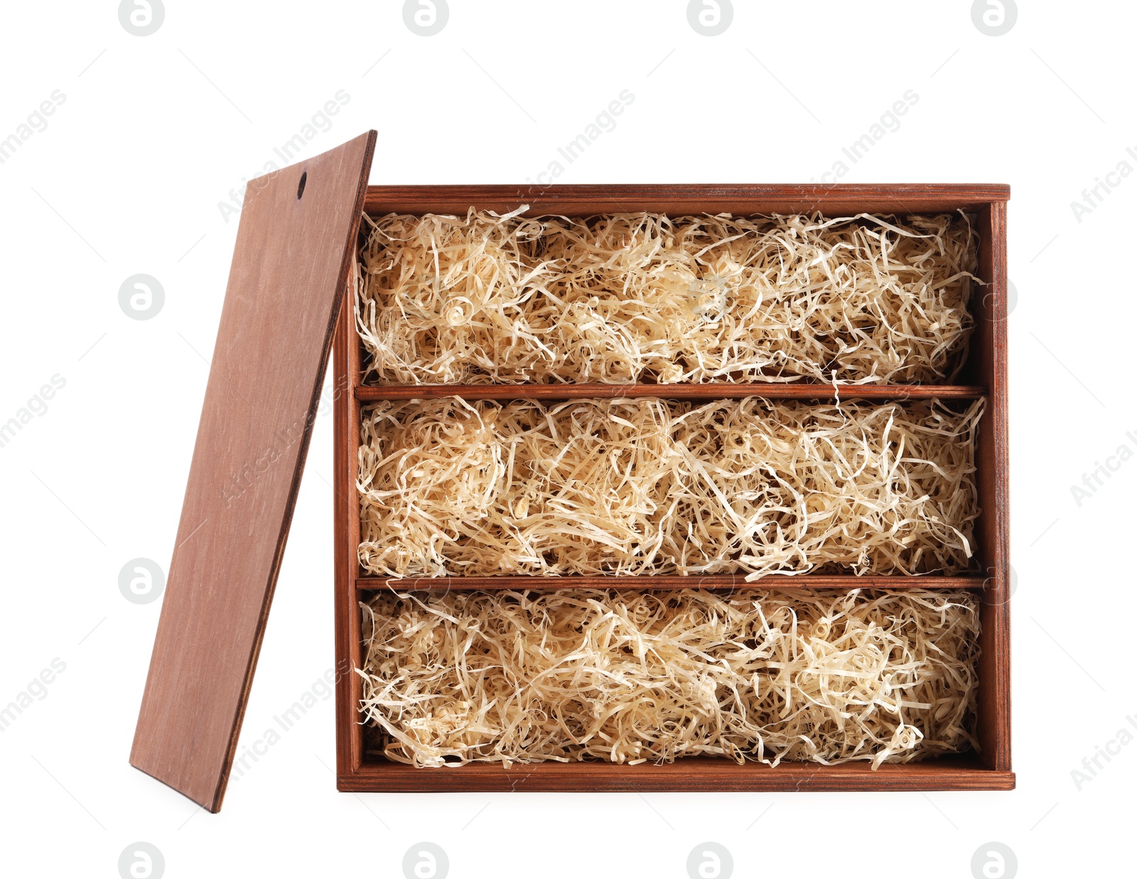 Photo of Open wooden wine box with straw isolated on white