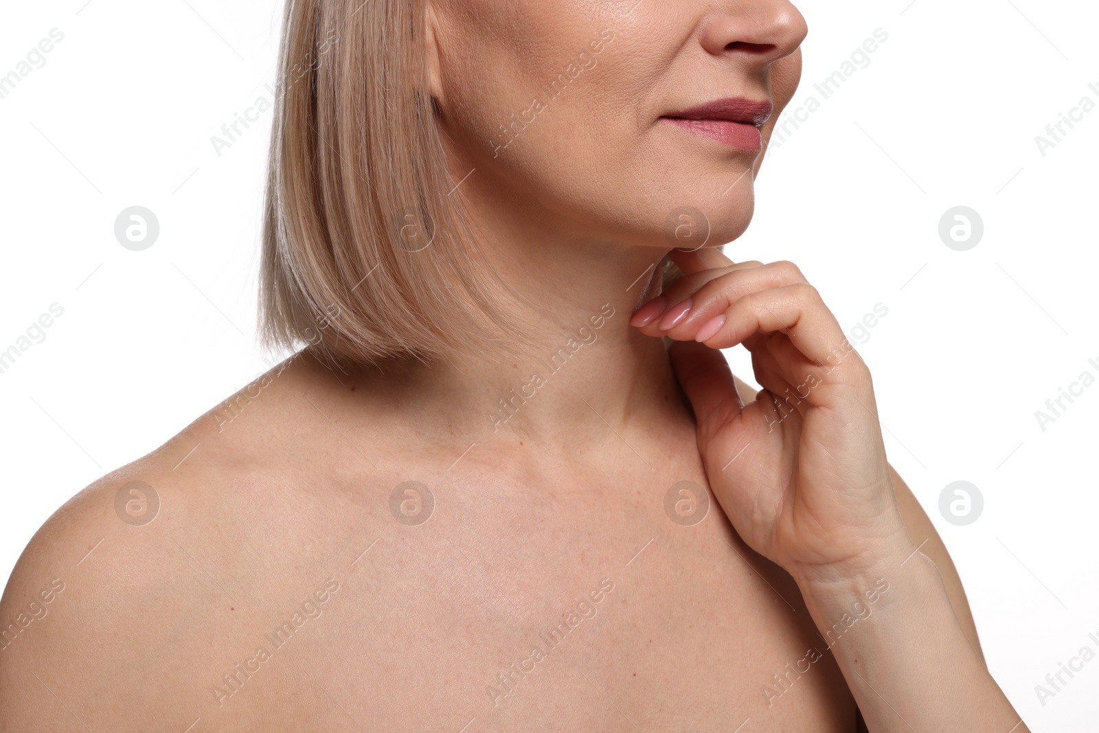 Photo of Woman touching her neck on white background, closeup