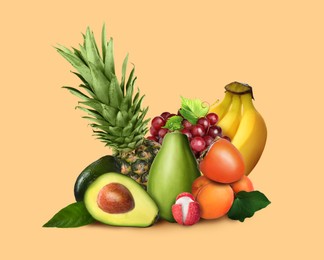 Image of Many different fresh fruits on pale orange background